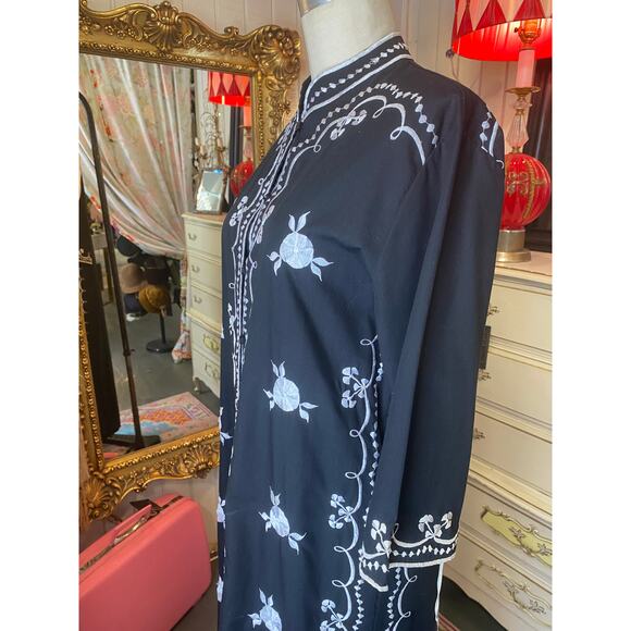 vintage 1960s black cotton embroidered kaftan 60s loungewear maxi dress med - Picture 5 of 10